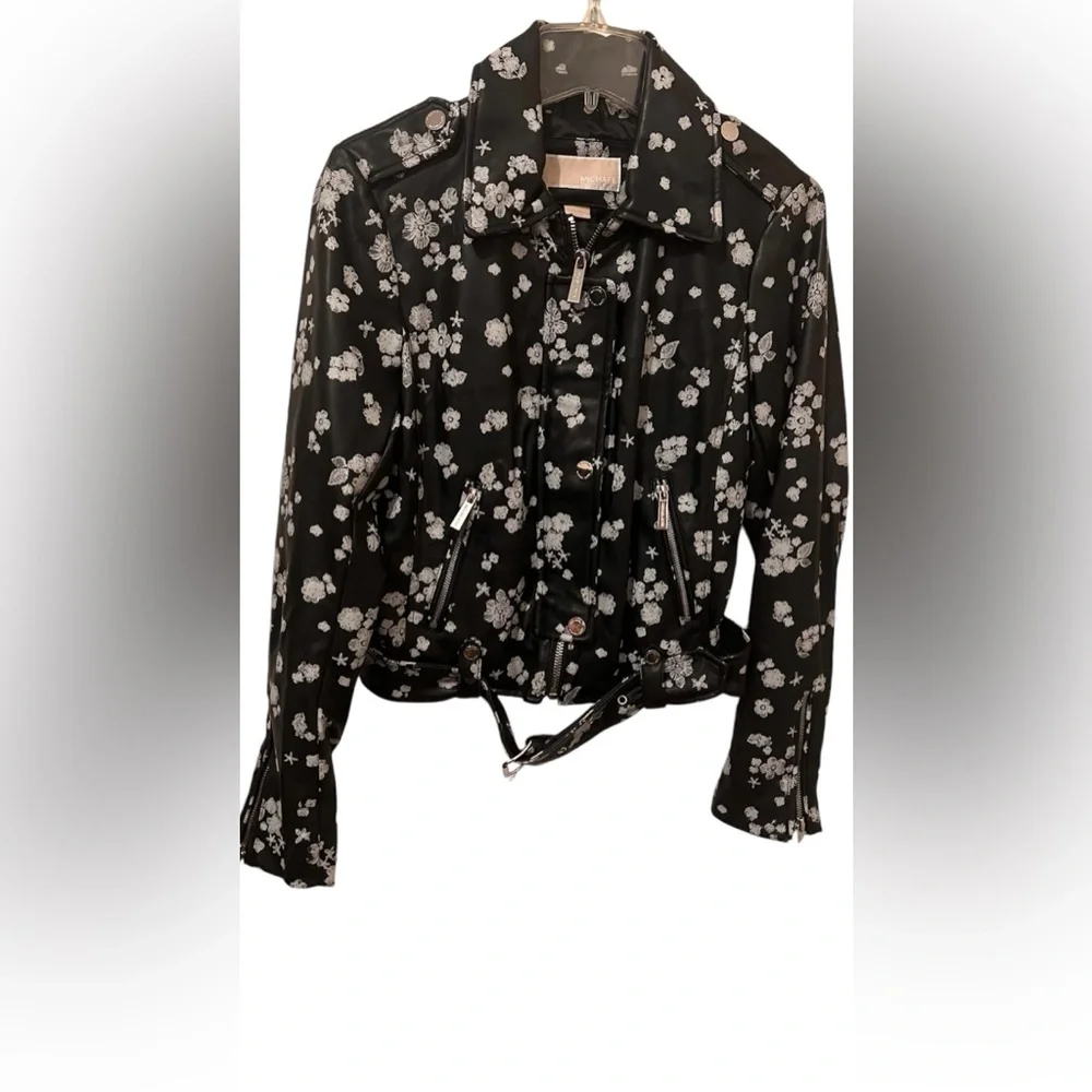 Micheal Kors Faux Leather Floral Jacket-Black&White - Picture 1 of 11
